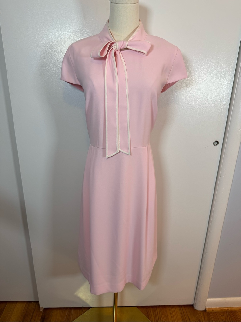 J. Crew Pink Bow-Neck Midi Dress with White Trim